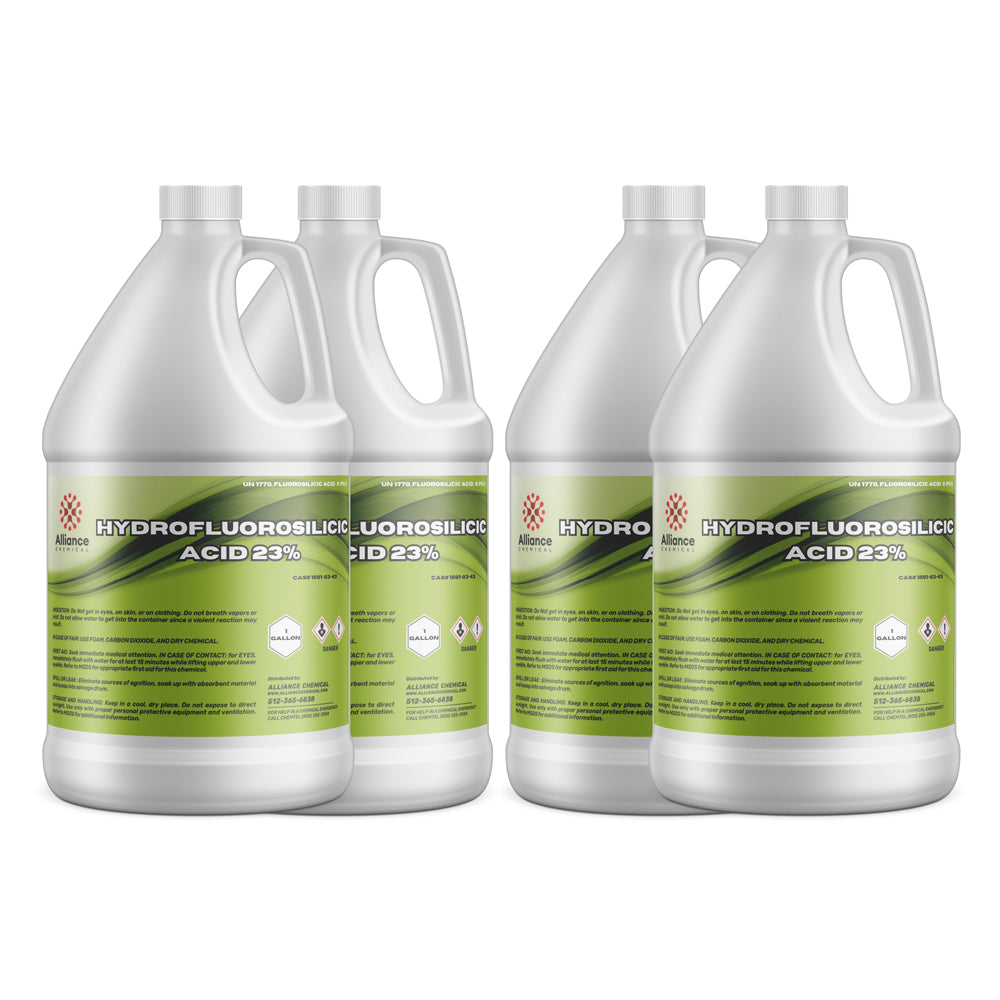 4-gallon Alliance Chemical Hydrofluorosilicic Acid 23% (HFS) in white HDPE jugs with safety warnings, hazard symbols, and green labels.
